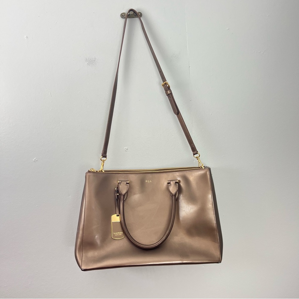 Lauren by Ralph Lauren Taylor Double Zipper Metallic Patent Satchel Purse